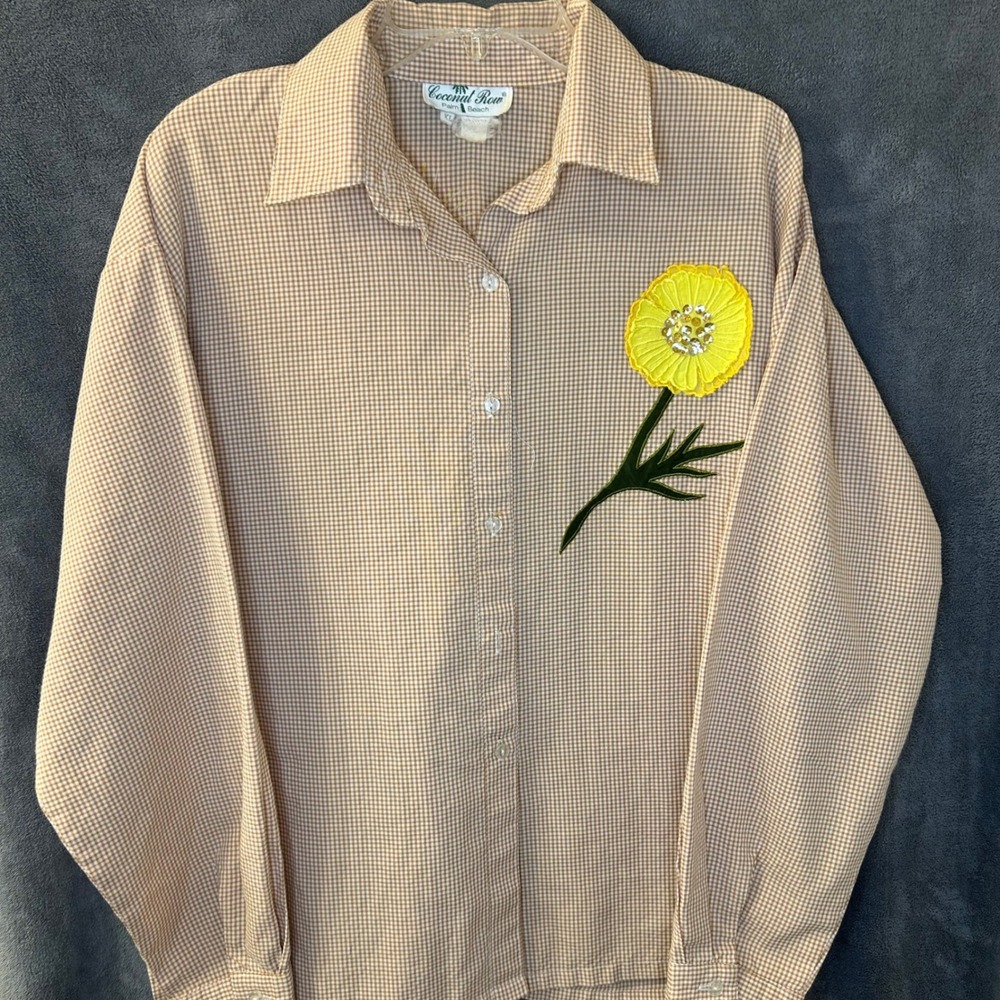 VTG Coconut Row Daisy Floral Gingham  Sequin Appliqué Womens XL L/Sleeve Shirt